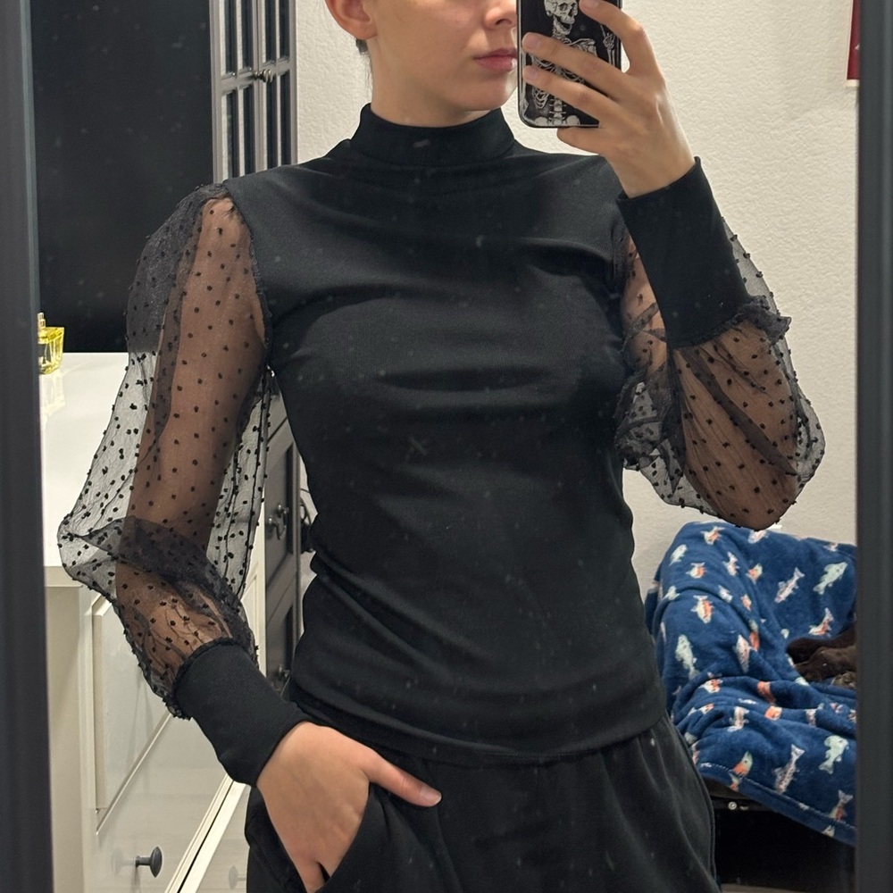 Lipsy Black Top with Sheer Polka Dot Sleeves
